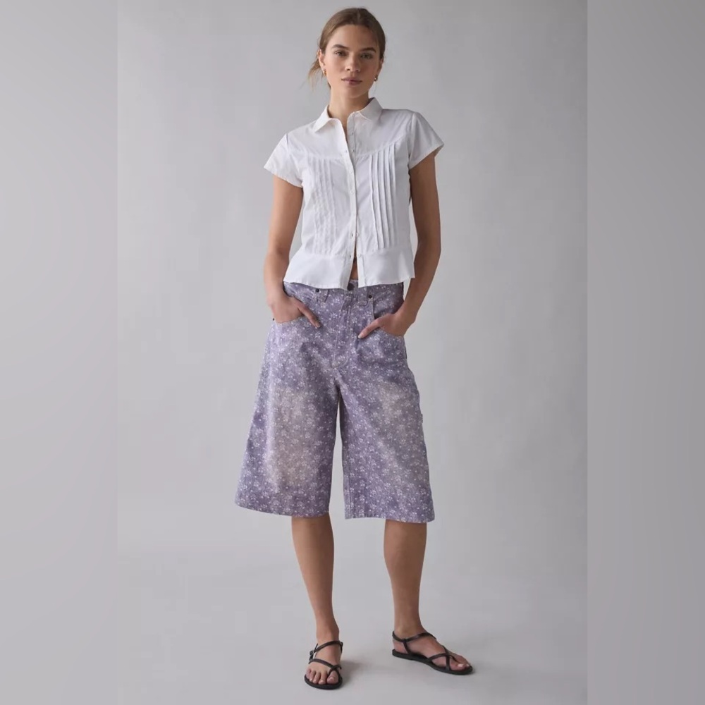 Urban Outfitters Lavender Floral Wide-Leg Jean Shorts - Picture 2 of 4